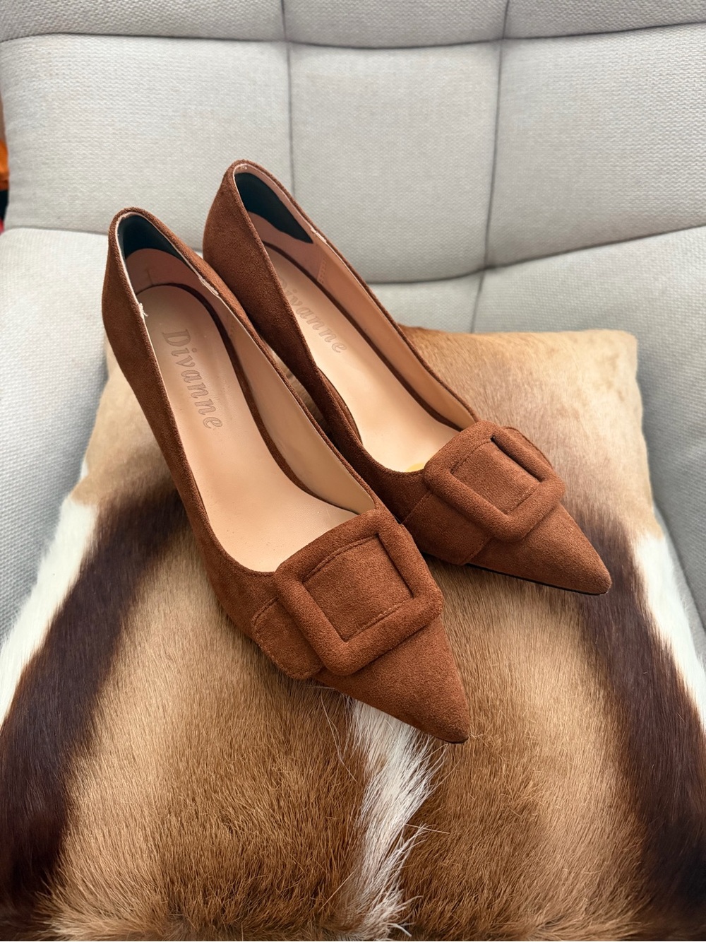 Devonne Brown Suede Pointed Toe Pumps with Buckle Accent